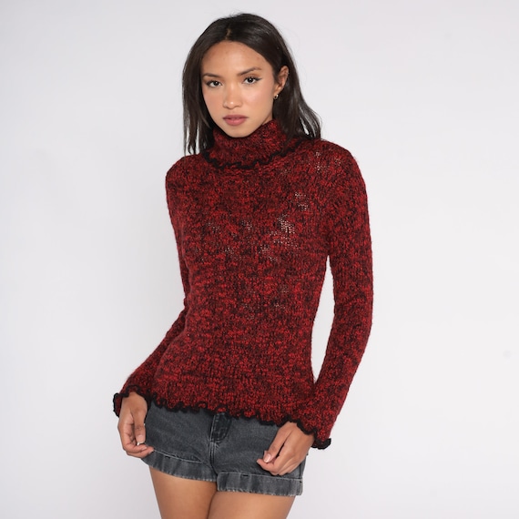 Turtleneck Sweater 90s Red Black Knit Pullover Sweater Lettuce Edge Foldover Neck Turtle Neck Jumper Vintage 1990s Acrylic Blend Medium M