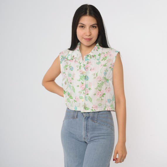 Floral Crop Top 70s White Button Up Sleeveless Blouse Pink Blue Roses Striped Garden Print Collared Vintage Lori Lynn Cotton Size 18