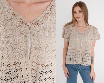 Taupe Crochet Cardigan 90s Sheer Knit Sweater Top Short Sleeve Button Open Front Blouse Hippie Boho Open Weave Vintage 1990s Medium M