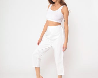 White Cropped Pants 60s High Waisted Side Zip Cotton Ankle Length