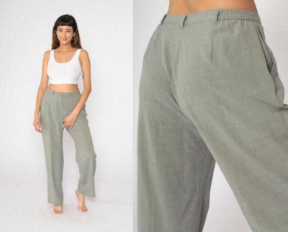 90s Plaid Dress Pants Grey Checkered Trousers Straight Leg High Rise Waist Retro Preppy Basic Check Print 1990s Vintage Medium M 10 Etsy UK