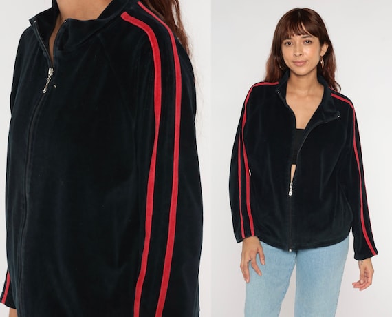 Velour Jacket Track Jacket Black Red Striped Zip Up Sweatshirt Y2K Warm Up Retro 00s Long Sleeve Sports Athleisure Athletic Medium
