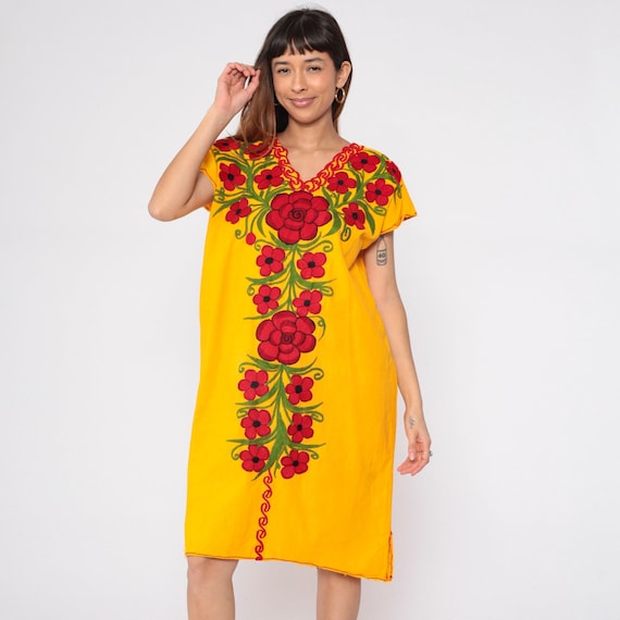 Floral Mexican Dress 90s Yellow Embroidered Midi Dress Hippie V Neck Tunic Bohemian Puebla Festival Vintage 1990s Cotton Small Medium Large