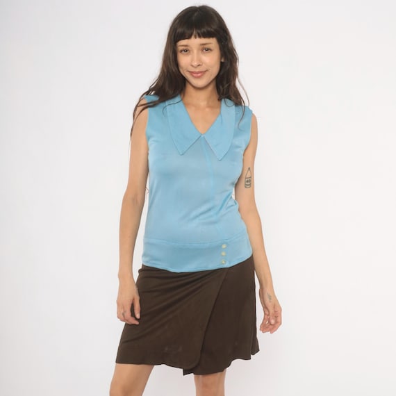 60s Mod Sleeveless Dress Sky Blue Brown Colorblock Pointed Collar Button Detail Shift Two Tone Powder Blue Chocolate Scooter Vintage Small S