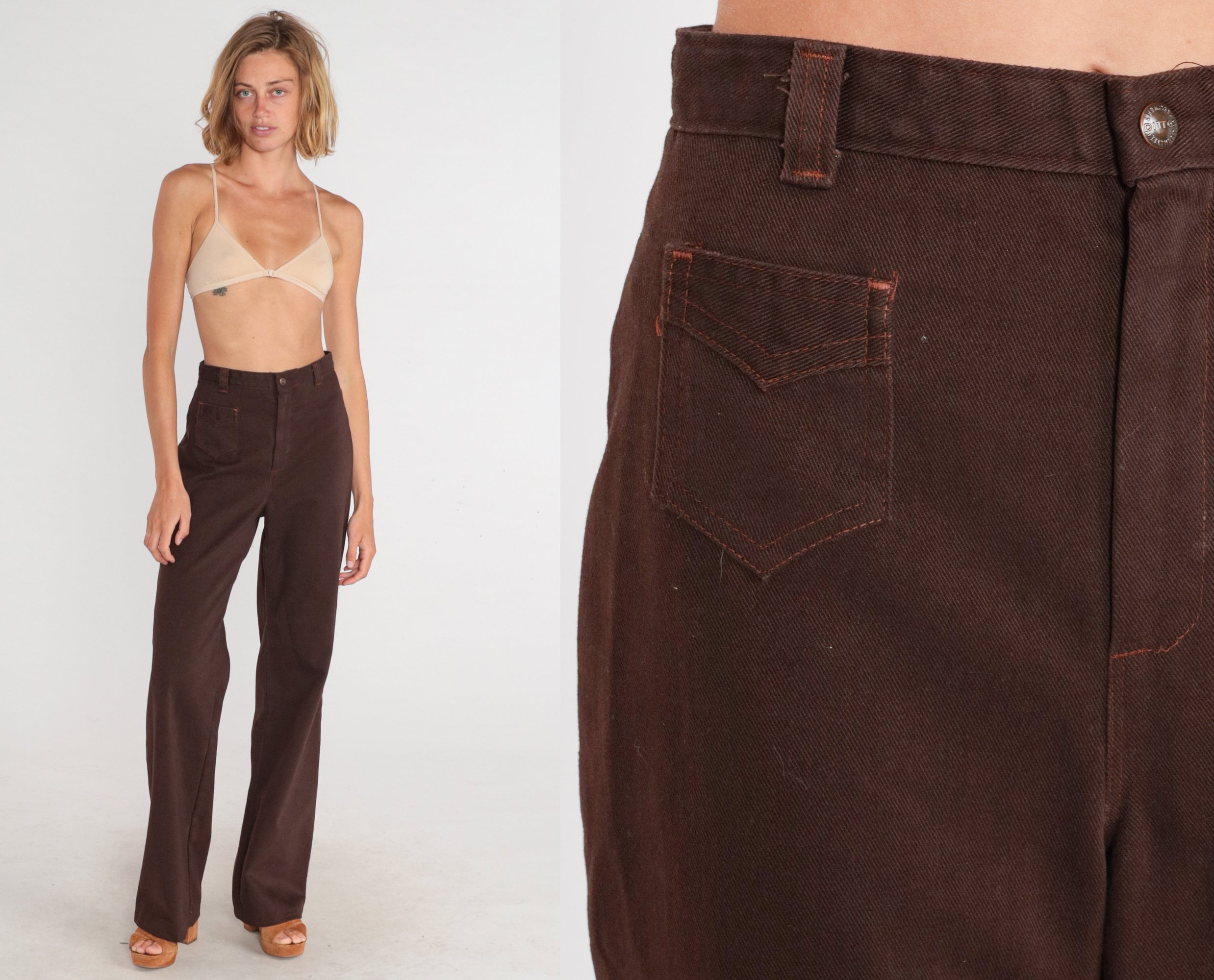 70s Ditto Pants Brown Saddleback Trousers High Waisted Rise Bell ...