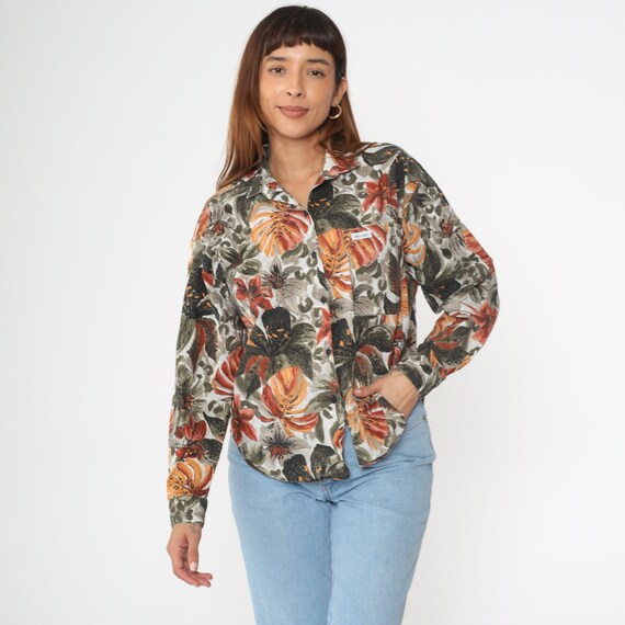 90s Button Up Shirt Safari Floral Blouse Tropical Summer Top Olive Green Jungle Leaf Blouse Long Sleeve Top Boho 1990s Vintage Medium