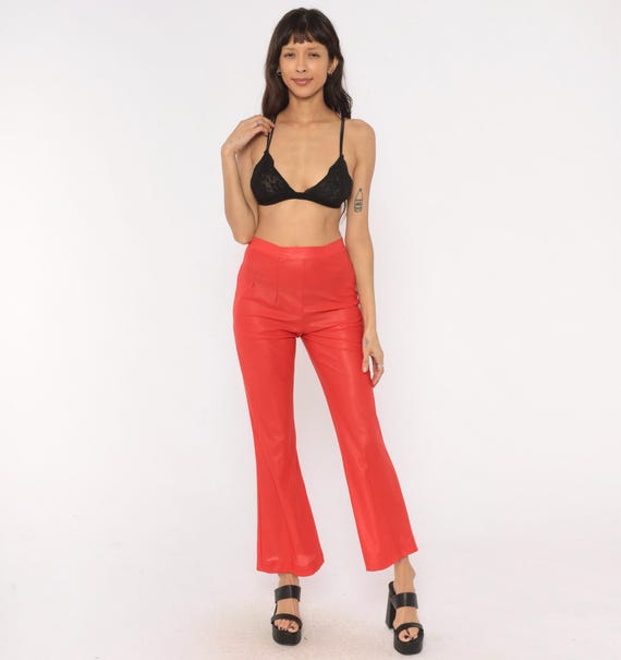 Neon Coral Flare Pants 70s Habella High Waist Trousers Shiny Acetate Blend Disco Bell Bottom Salmon Pink Vintage Going Out Extra Small XS
