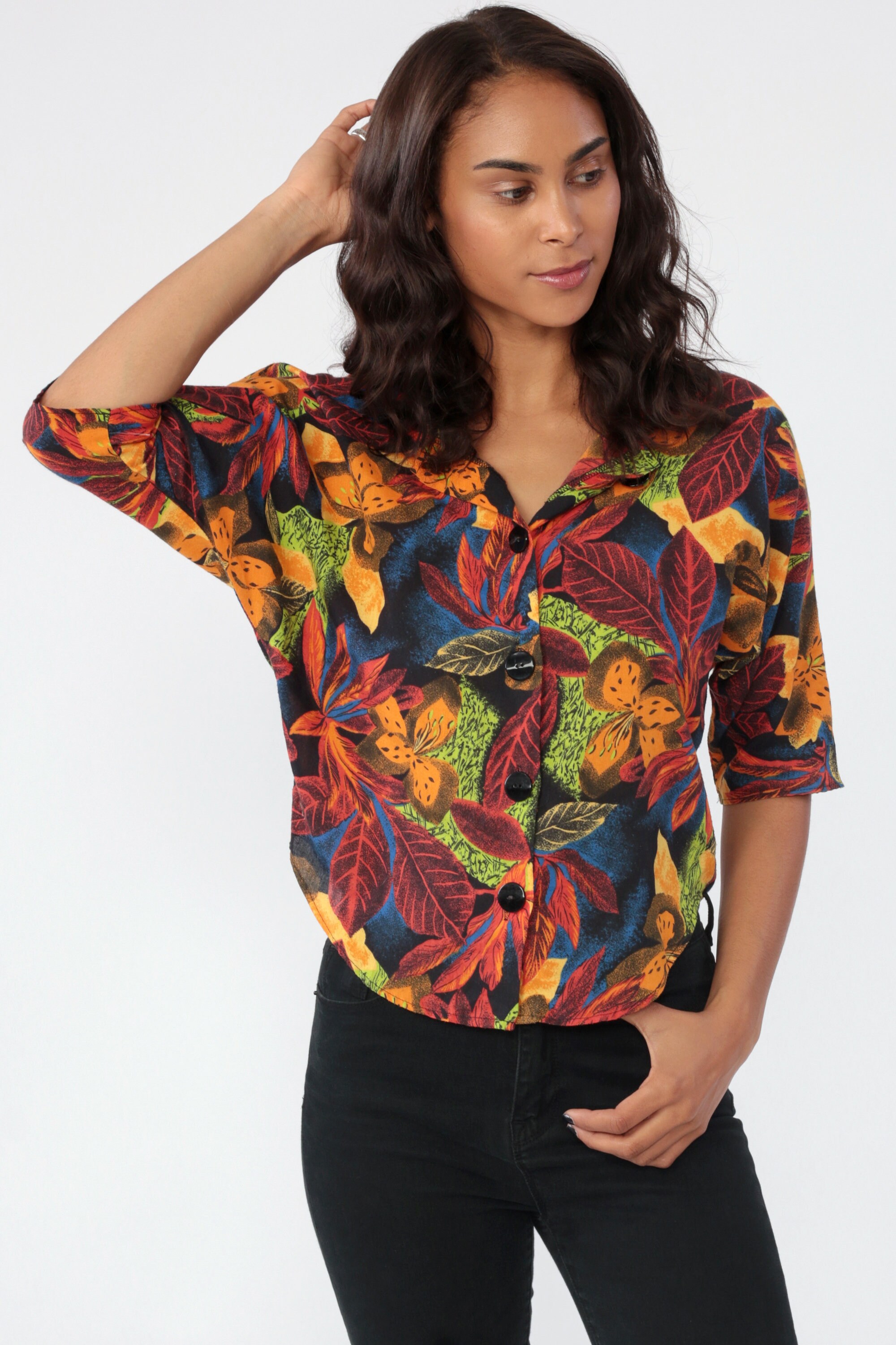 Tropical Floral Blouse 80s Button Up Shirt Crop Top Shirt Jungle Shirt ...