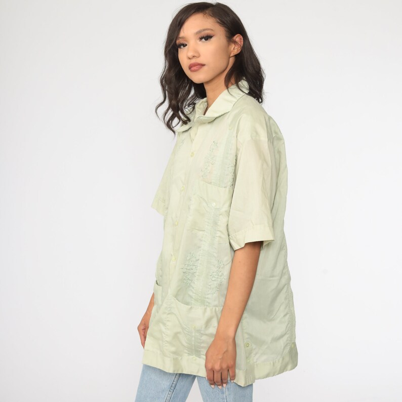 70s Oxford Shirt 2xl EMBROIDERED Shirt Light Green Shirt Cargo Pocket Button Up Shirt Short Sleeve 1970s Vintage Dagger Collar Men/'s xxl