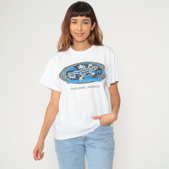Gecko Surf Tee Y2K Cozumel Mexico White T-Shirt Lizard Graphic Beach Souvenir Destination Cotton Crew Neck Short Sleeve Oversized Medium M