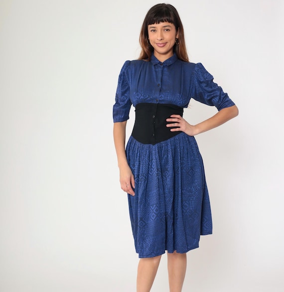 Vintage Blue Fit Flare Dress 80s Cinched Waist Button Up Geometric Woven Print Midi Puff Sleeve Western 1980s Retro Corset Style Small S