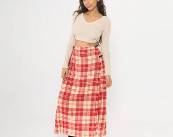 70s Plaid Check Wool Skirt Red Ivory Tartan Wrap Kilt Style Pleated Buckle Closure Scottish Highland Vintage Dark Academia Small Medium S M