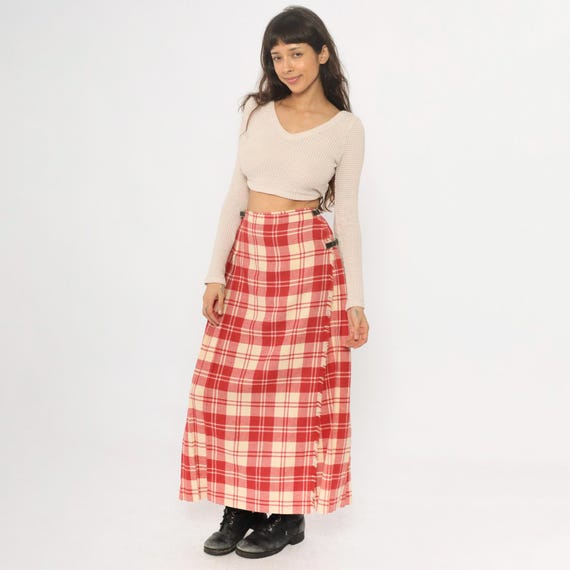70s Plaid Check Wool Skirt Red Ivory Tartan Wrap Kilt Style Pleated Buckle Closure Scottish Highland Vintage Dark Academia Small Medium S M