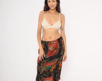 80s Japanese Floral Pencil Skirt Black Red Teal Gold Patchwork Print Midi Peonies Botanical Panel Vintage Summer Womens Medium Large M L