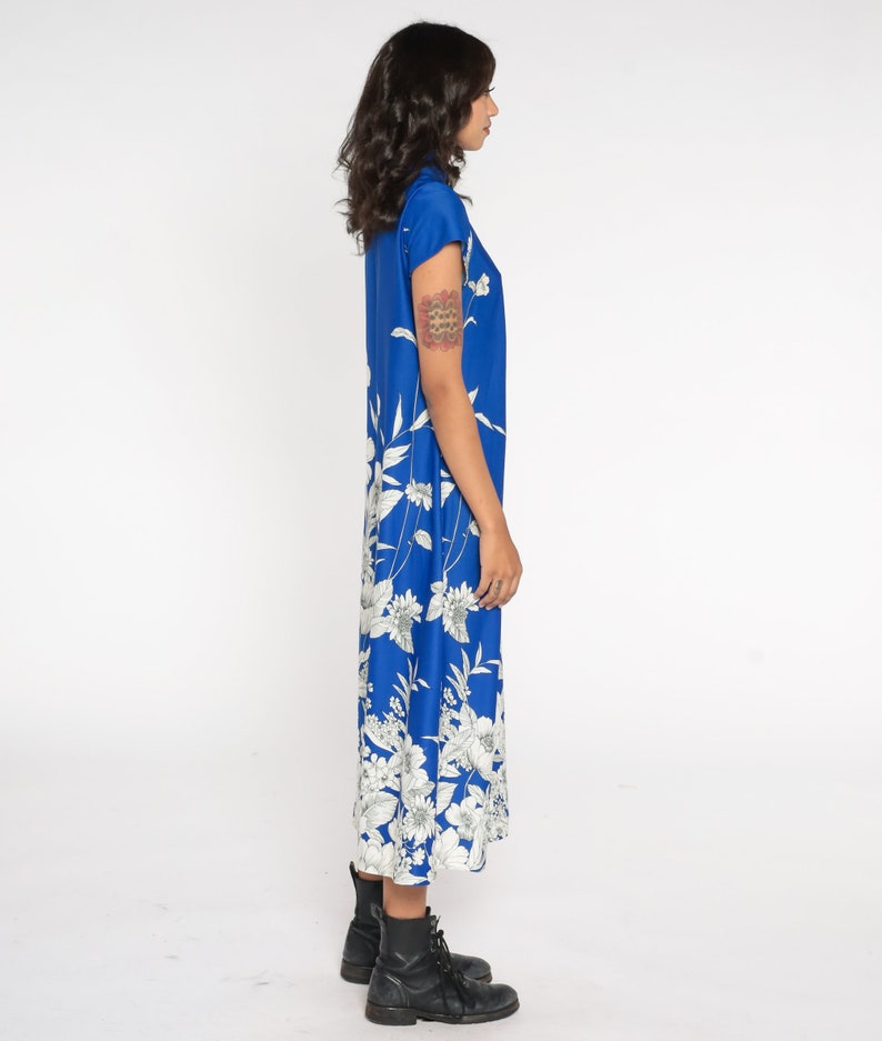 Floral Maxi Dress 70s Blue Boho Flower Print Dress Cap Sleeve Mandarin ...