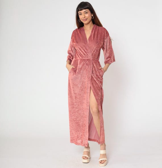 Dusty Rose Velour Robe 70s Maxi Wrap Dress Ribbed Textured Velvet Kimono Sleeve Deep V Neck Loungewear Dressing Gown Small S