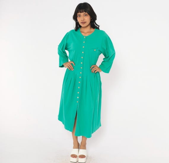 80s Green Cotton Midi Dress Button Front Drop Waist Pleated Skirt Long Sleeve Emerald Jade Pockets Day Dress Vintage Extra LargeXL