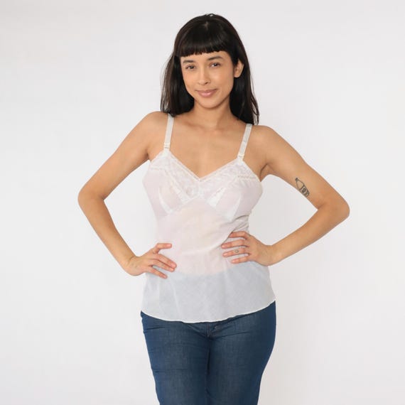 Vintage White Lace Camisole 70s Eyelet Embroidered Cami Top Semi-Sheer Lingerie Tank Top Retro Spaghetti Strap Pinup 1970s Small S