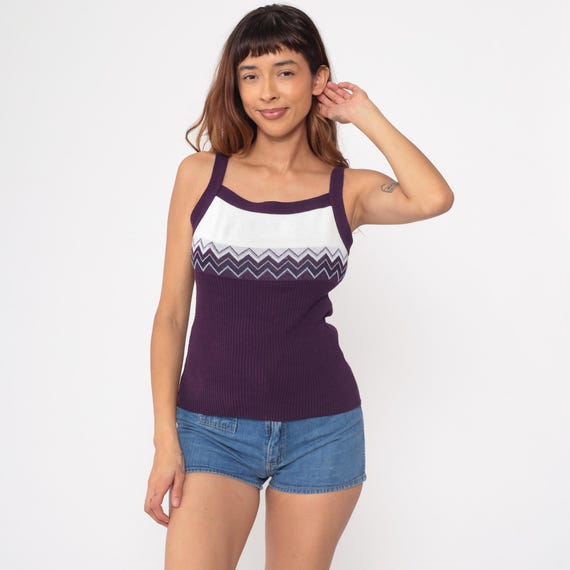 Chevron Knit Tank Top 90s Vintage No Boundaries Purple White Ribbed Sweater Vest Zigzag Pattern Summer 90s does 70s Summer Fitted Small S