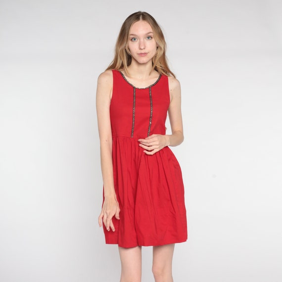 Red Mini Dress 60s Dirndl Style Dress High Waiste… - image 5
