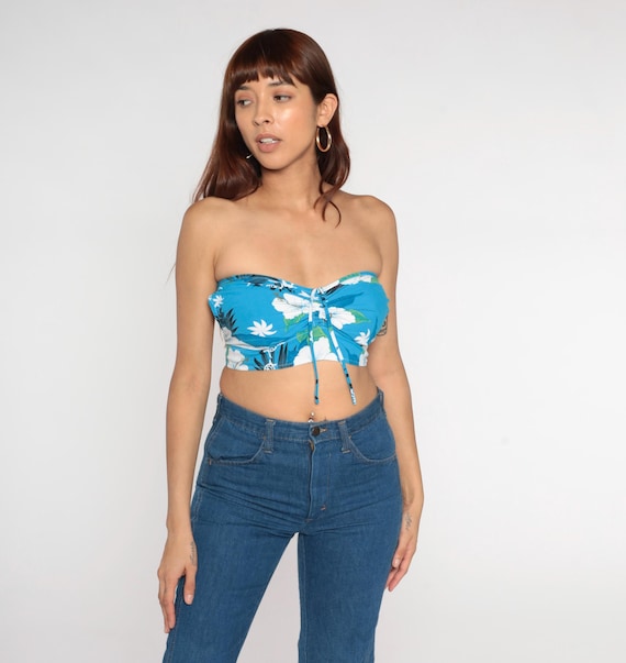 Vintage Crop Top Y2K Blue Hawaiian Cotton Hibiscus Print Strapless Bandeau Tropical Tie Back Festival Summer Beach  Aloha Style Small S