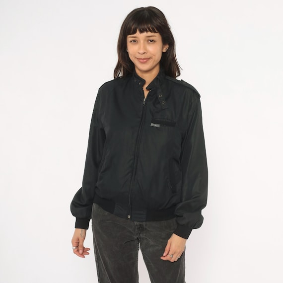 80s Black Bomber Jacket  Zip Front Snap Collar Epaulette Shoulder Cotton Windbreaker Cafe Racer Moto Coat Vintage Extra Small XS