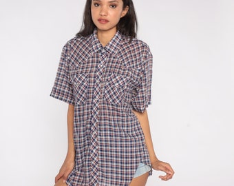 Plaid Western Shirt 80s Pearl Snap Shirt Blue Red Checkered Button Up Shirt Cowboy Collared Top Short Sleeve Grunge 1980s Extra Large XL
