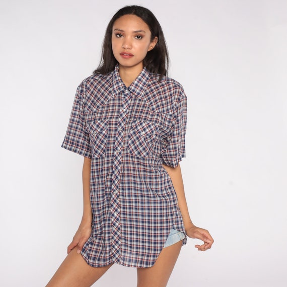 Plaid Western Shirt 80s Pearl Snap Shirt Blue Red Checkered Button Up Shirt Cowboy Collared Top Short Sleeve Grunge 1980s Extra Large XL