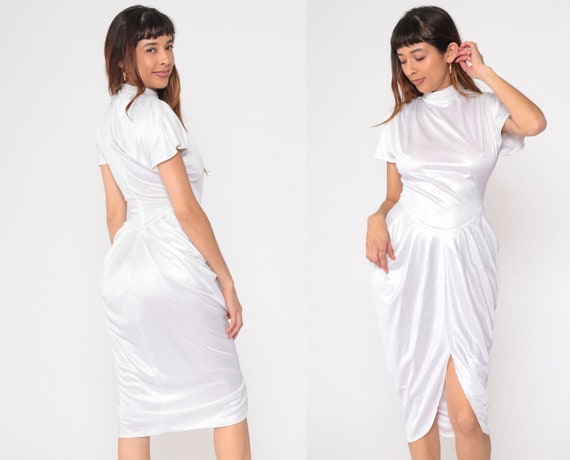 80s Party Dress Metallic White Dress Silver Polka Dot Dress Shimmery Flutter Sleeve High Neck Cocktail 1980s Midi Dress Vintage Ruched Small