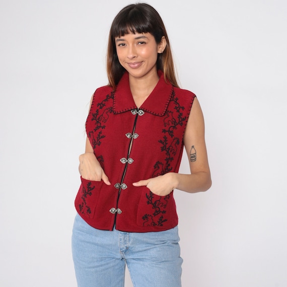 Woolrich Moose Vest 90s Red Wool Vest Silver Clasp Button Wildlife Animal Vest Black Trim Sleeveless Hiking Winter Vintage 1990s Medium M