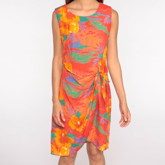 Tropical Floral Dress 80s Mini Orange Wrap Dress … - image 8