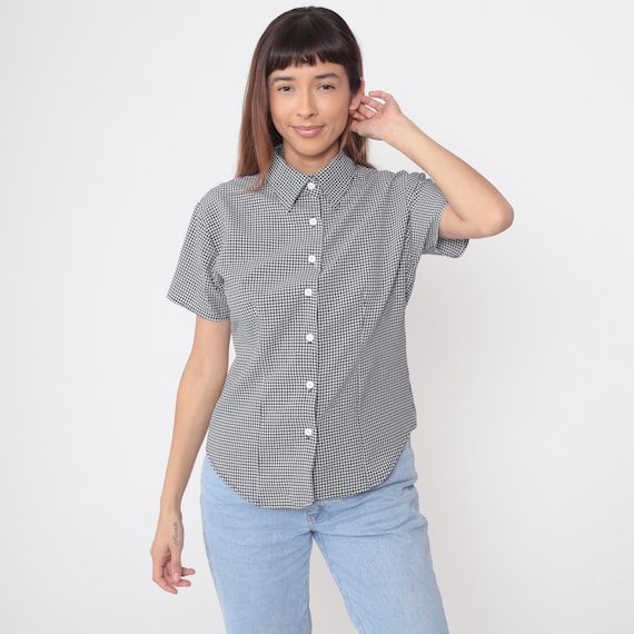 90s Gingham Shirt Black White Checkered Button Front Short Sleeve Collared Blouse Prairie Preppy Casual Work Office Vintage Top Large L