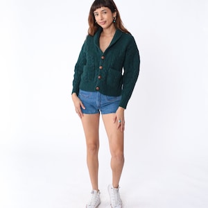 Cable Knit Cardigan 80s Dark Green Wool Sweater Wooden Button Up Grandpa Chunky Cableknit Cozy Fall Winter Basic Plain Vintage 1980s Small S image 3