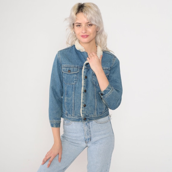 Denim Sherpa Jacket 90s Shearling Jean Jacket Cropped Snap up Retro Fleece Lined Blue Coat Aviator Streetwear Vintage 1990s The Gap 2xs xxs