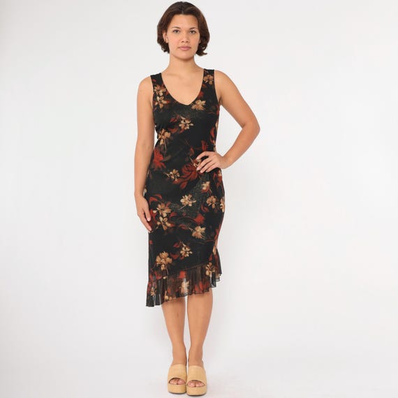 Y2K Sparkly Floral Dress Vintage Black Chiffon Asymmetrical Flounce Hem Midi V Neck Bohemian Glittery Sleeveless 90s Summer Medium