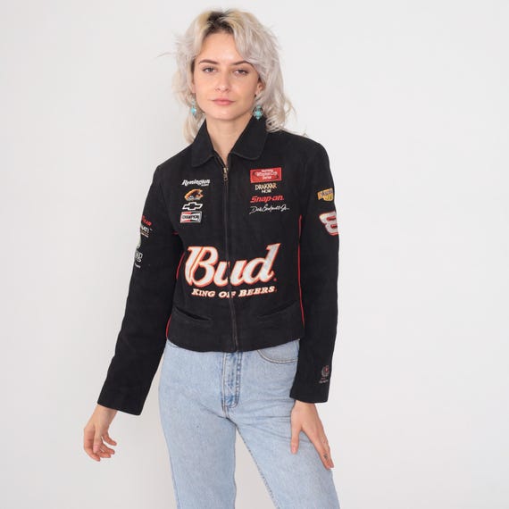 NASCAR Dale Earnhardt Jr Jacket 90s Budweiser Racing Black Embroidered Cropped Vintage 1990s Motorsports Bud Chase Authentics Small S