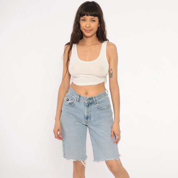 Tommy Hilfiger Jean Shorts 90s Light Wash Denim Bermuda Cutoff Distressed Raw Hem High Rise Cotton Baggy Streetwear Blue Summer Jort Small S