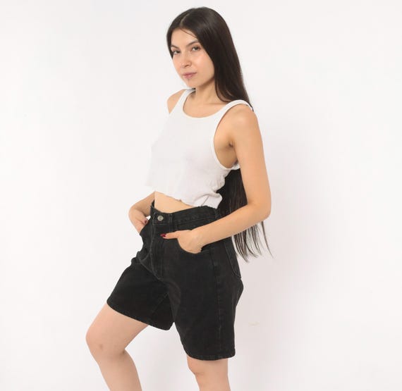 90s Black Denim Shorts Lee High Waisted Bermuda Length Cotton Jean Mom Faded Wash Relaxed Fit Vintage Jorts Women Summer Bottoms Small S