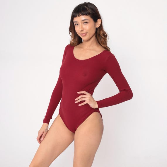 70s Burgundy Bodysuit Long Sleeve Wine Red Maroon Stretchy Disco Era Leotard One Piece Vintage Dance Ballet Balletcore Fitted Top Small S