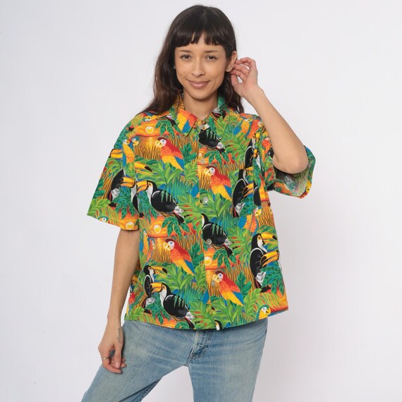 Tropical Birds Shirt 90s Hawaiian Parrot Toucan Print Cotton Camp Collar Colorful Plus Size Summer Beach Vacation Extra Extra Large XXL