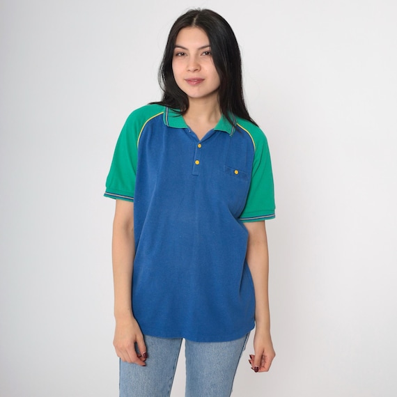 Vintage Bugle Boy Polo Shirt 80s 90s Color Block Half Button Up Shirt Blue Green Collared Raglan Sleeve Shirt 1980s Snap Medium