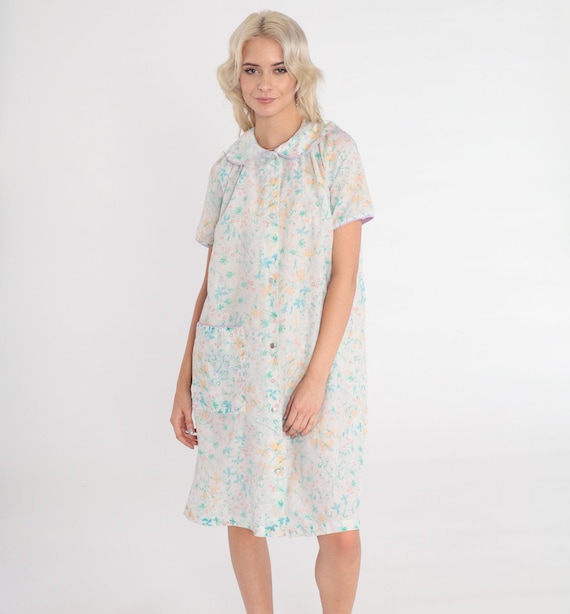 Floral Nightgown 80s Pajama Dress Semi-Sheer White Snap up Nightie Midi Tent Pajamas Lounge Pocket Peter Pan Collar Vintage 1980s Medium