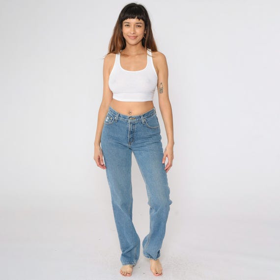 Y2K Rockies Slim Fit Jeans Vintage High Waist Straight Leg Western Rocky Mountain Cowgirl Denim Medium Wash Blue 00s Small x 34 Inseam Tall