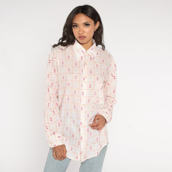70s Checkered Shirt White Stamp Print Button Up Top Retro Preppy Western Collared Long Sleeve Pointed Collar Vintage 1970s Mens Large 16-33