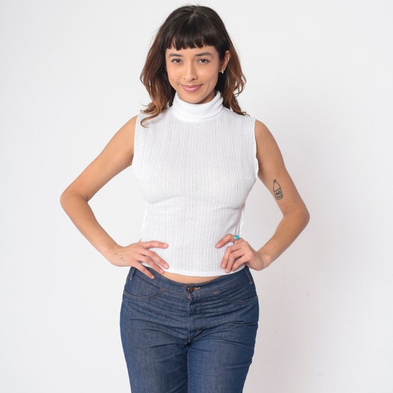 White Crop Top 70s Mock Neck Tank Top Pointelle Cutout Cropped Shirt Retro Plain Sleeveless Summer Cut Out Cotton Boho Vintage 1970s Small S