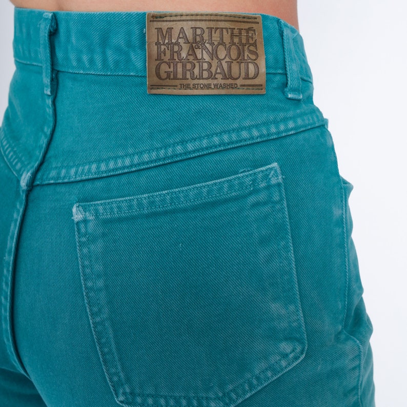 Teal Jeans 90s Ankle Jeans High Waisted Rise Slim Tapered Leg Denim Pants Retro Cropped Mom Jeans Blue Green Vintage 1990s Extra Small XS image 7