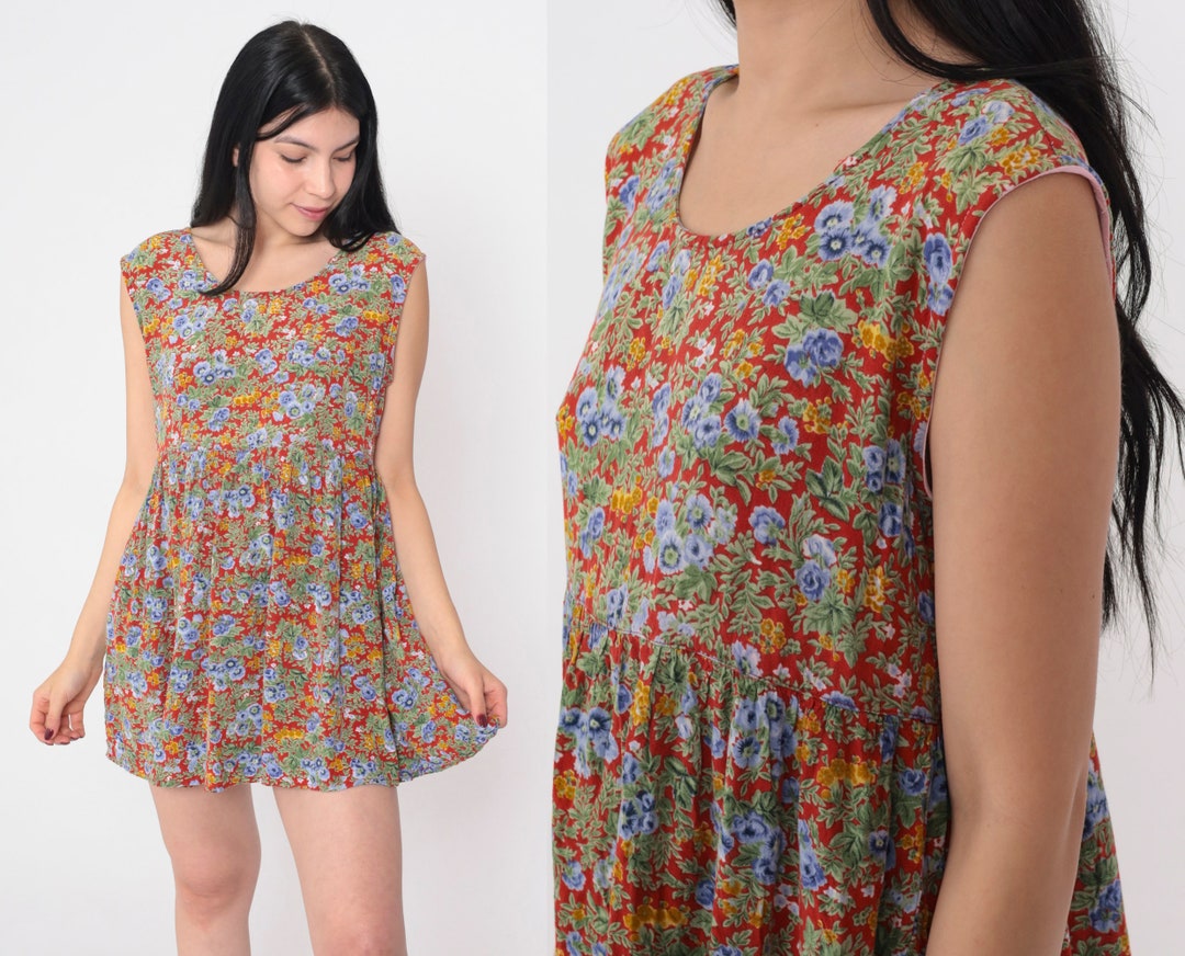 Red Floral Babydoll Dress 90s Micro Mini Dress Flower Print Empire ...