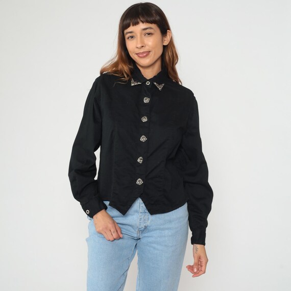 Black Gothic Shirt 90s Cotton Jacket Embroidered Collar Ornate Metallic Buttons Vintage Dark Academia Professional Business Blazer Medium M