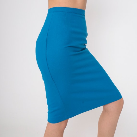 60s Blue Skirt Wool Blend Mini Skirt High Waisted Preppy Pencil Retro Professional Basic Chic Secretary Vintage 1960s xs xxs Junior's