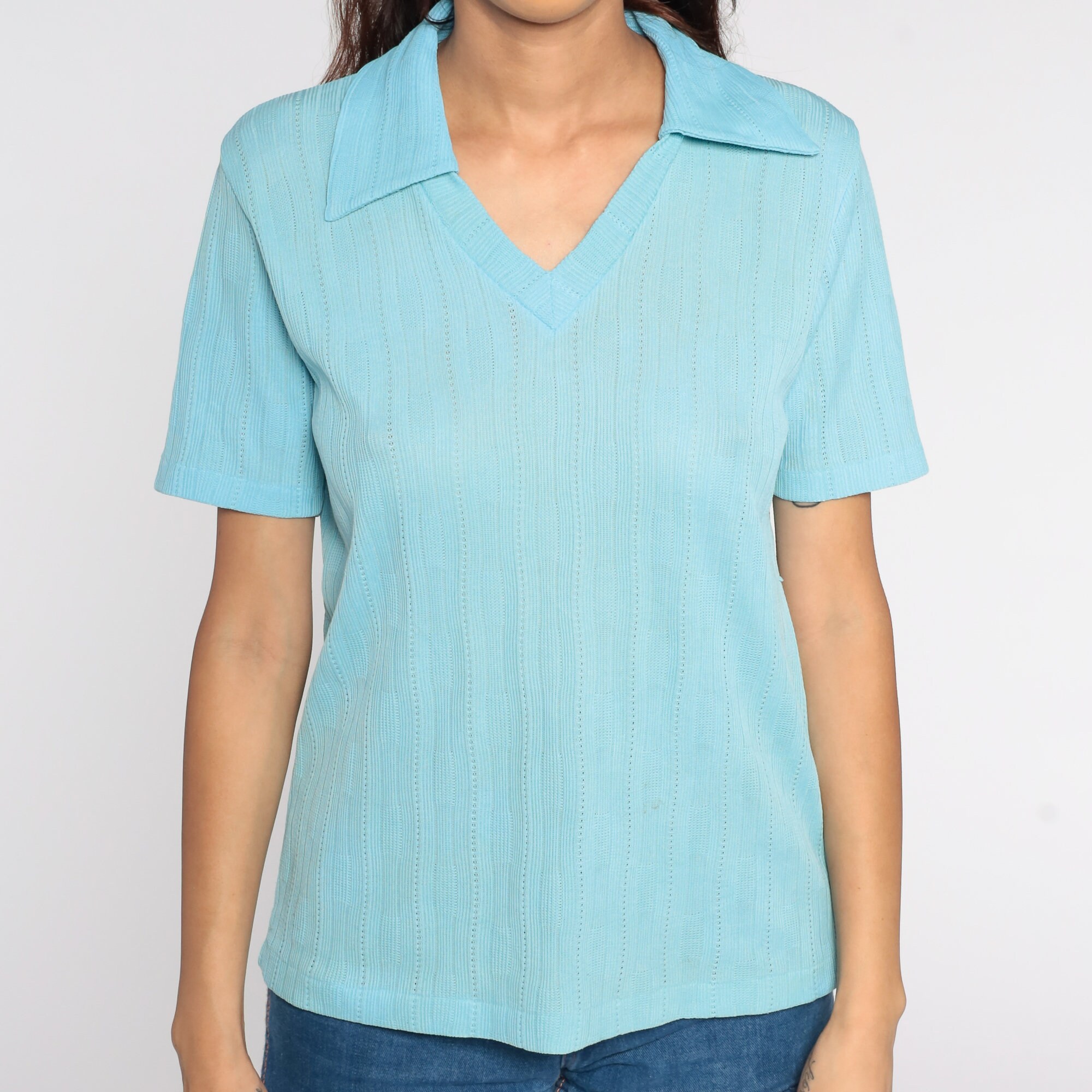 Baby Blue Shirt 70s Shirt Collar Short Sleeve Semi-Sheer V Neck Top ...